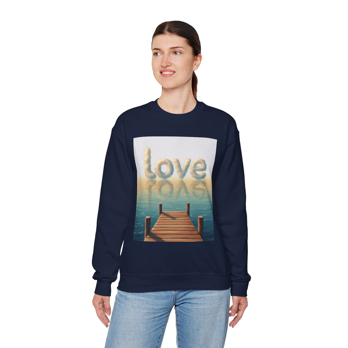 Person wearing a navy sweatshirt with a 'love' graphic design on a white background