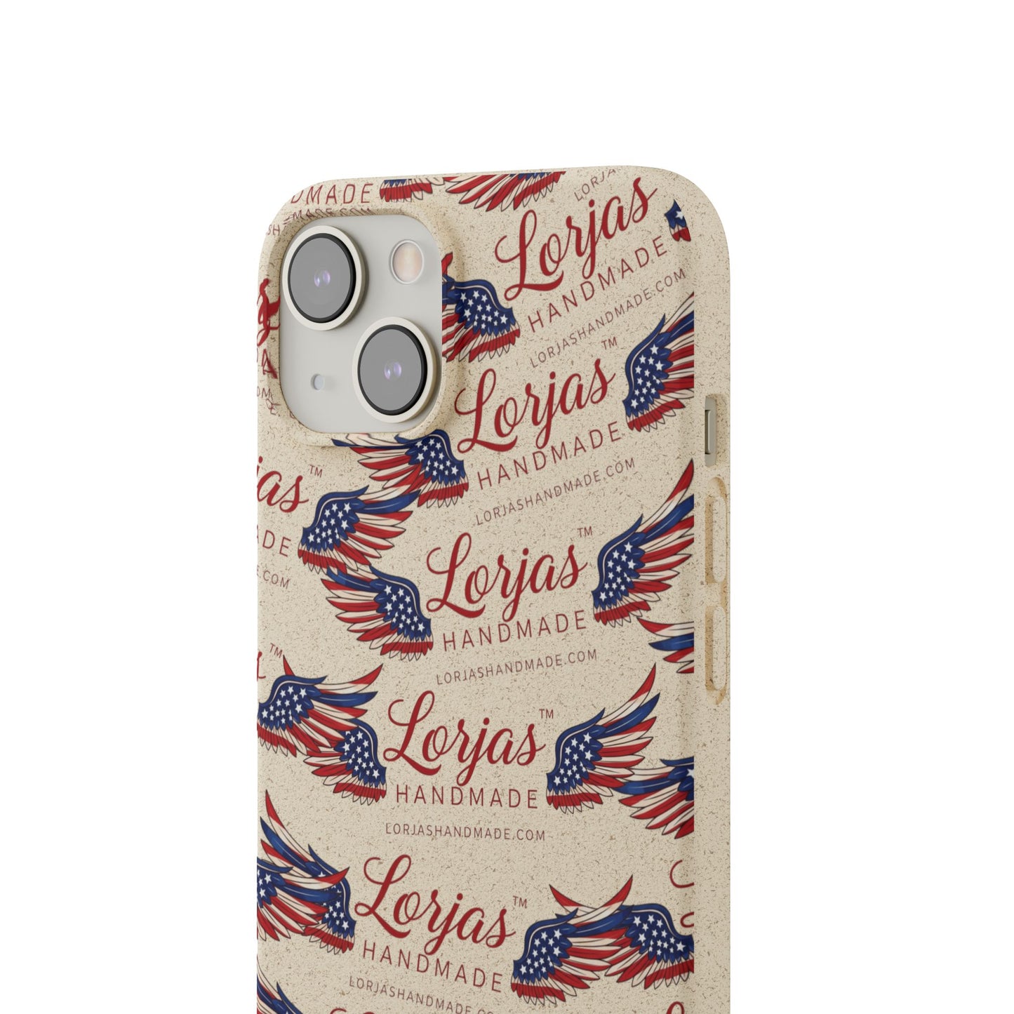 Phone case with 'Lorjas Handmade' branding and American flag design on a beige background