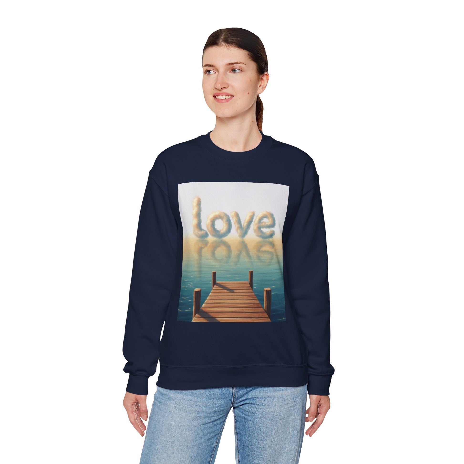 Female model wearing a navy sweatshirt with a 'love' graphic design on a white background