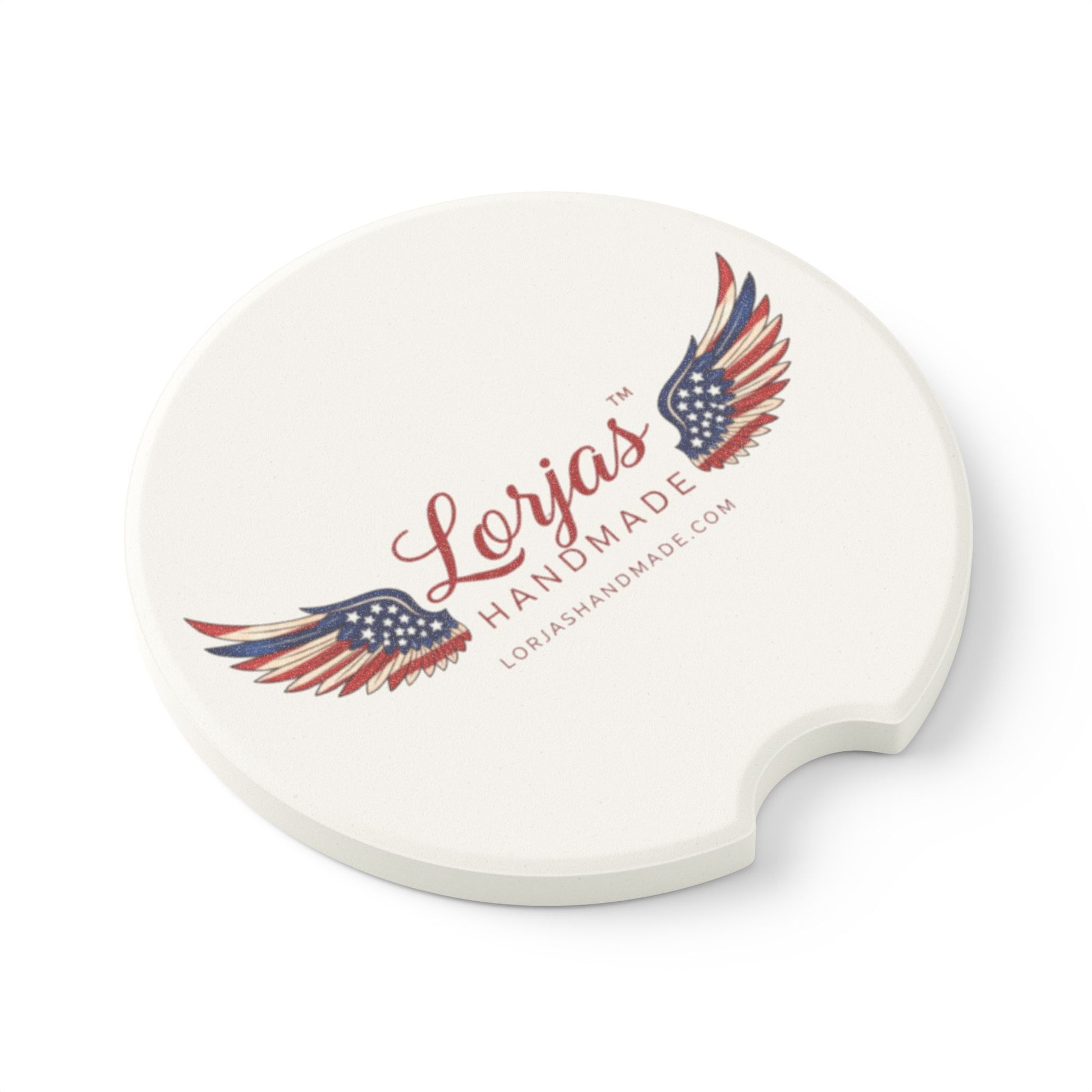 Round car coaster with 'Lorjas Handmade' branding on a white background