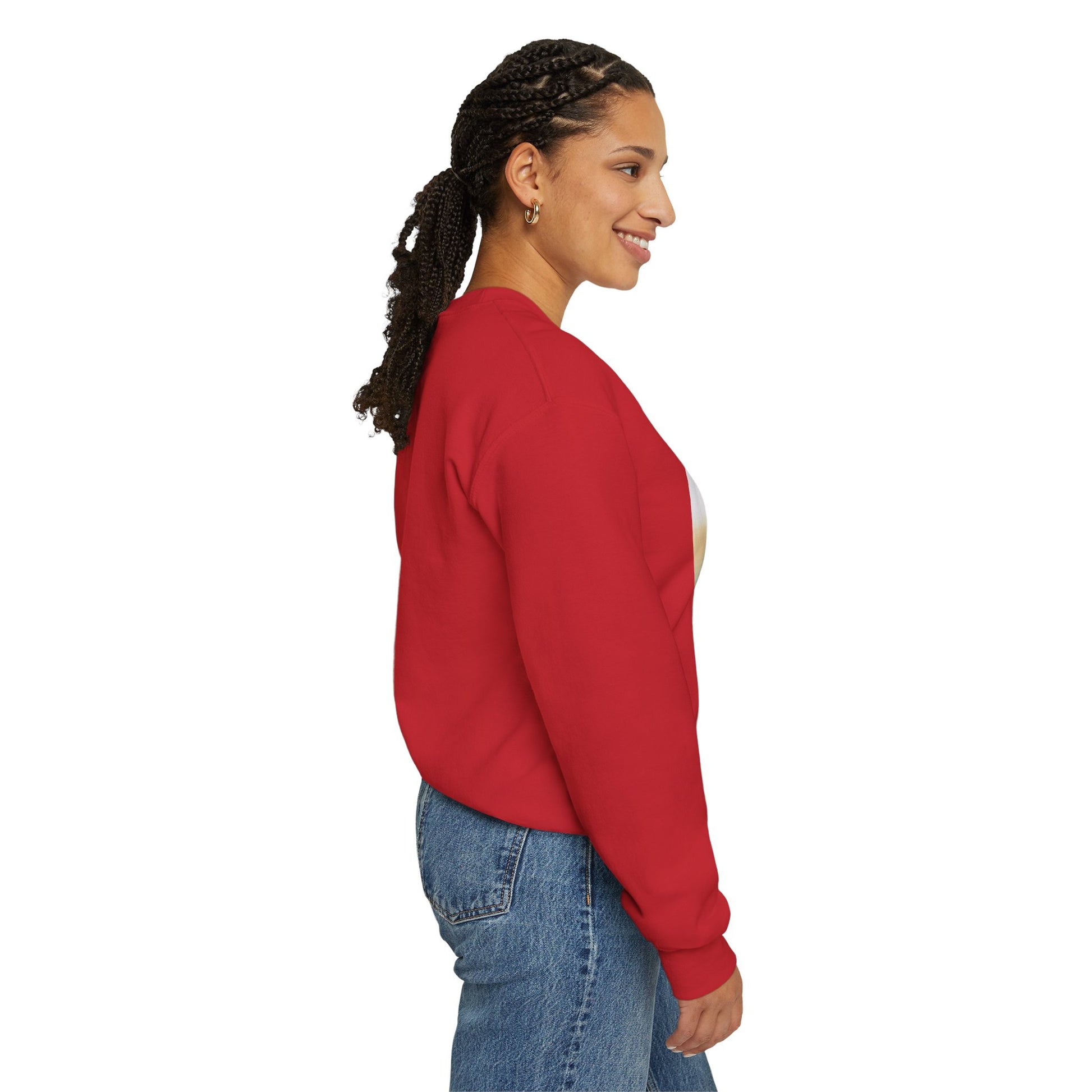 Woman wearing a red sweatshirt with a logo on the back, standing against a white background