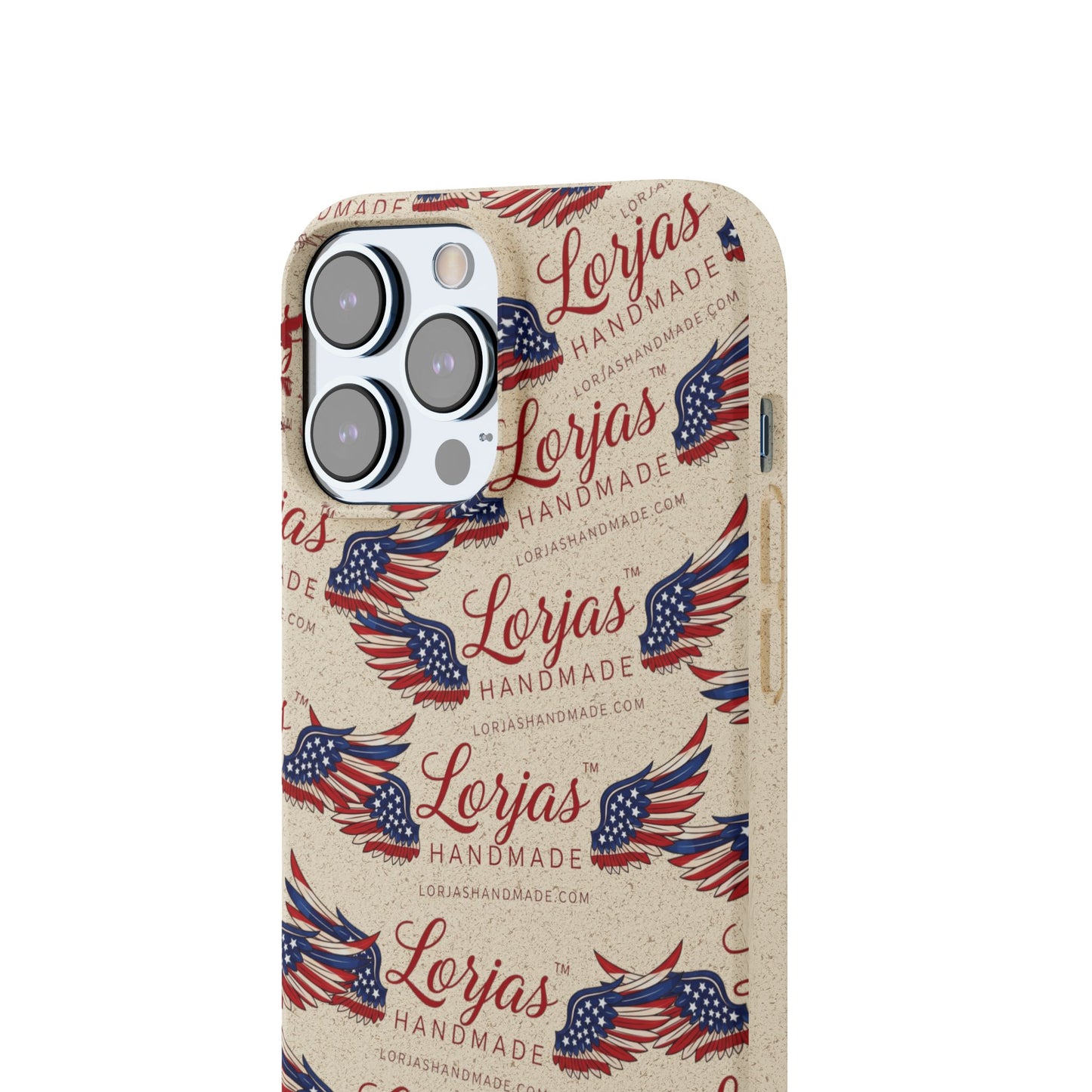 Phone case with 'Lorjas Handmade' branding and American flag design on a beige background