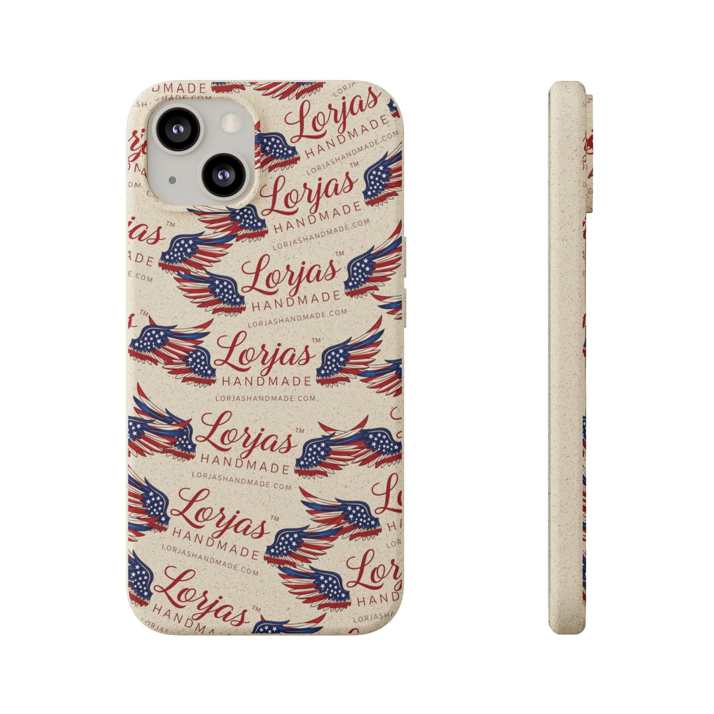 Phone case with American flag design and 'Lorjas Handmade' text on a white background