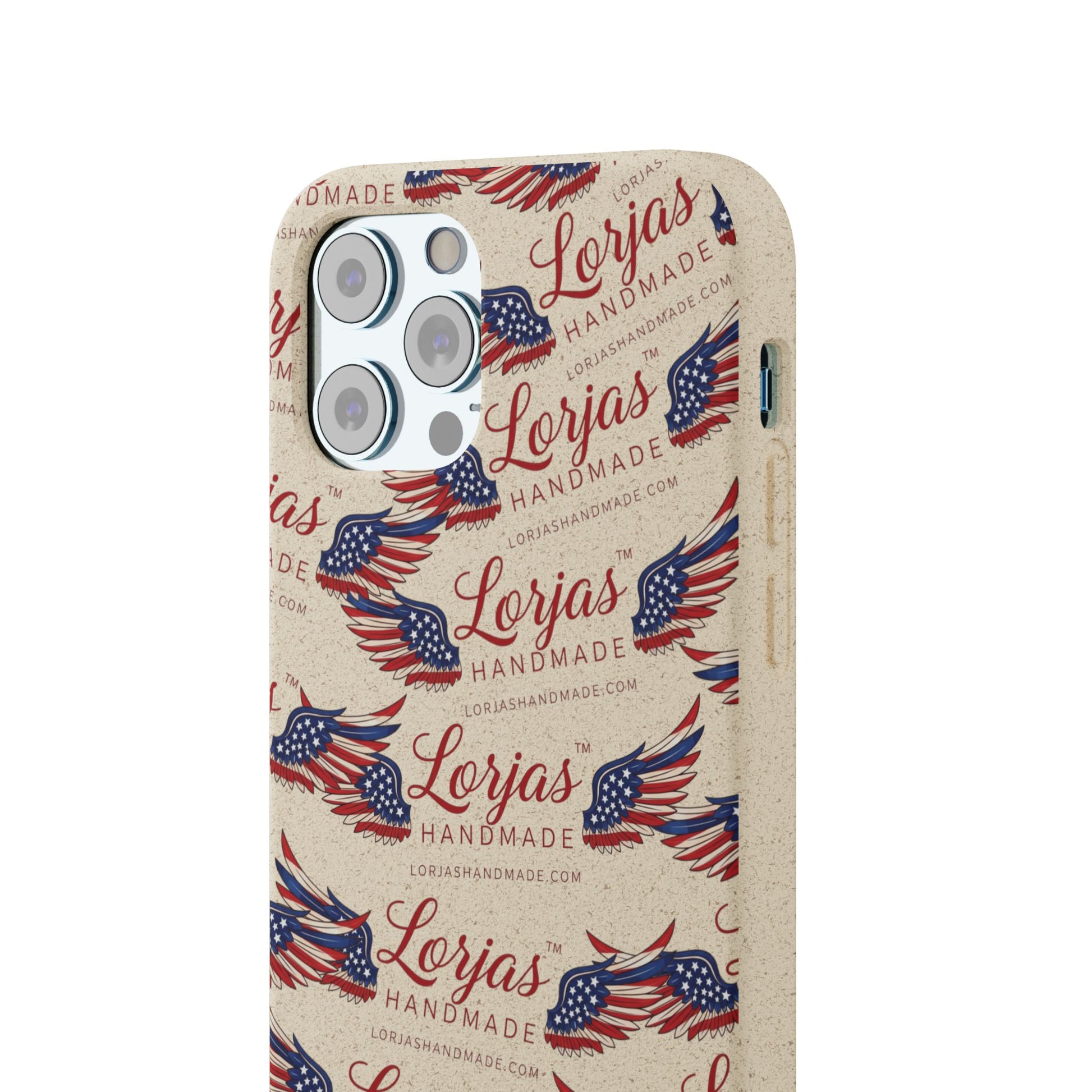 Phone case with American flag design and 'Lorjas Handmade' text on a white background