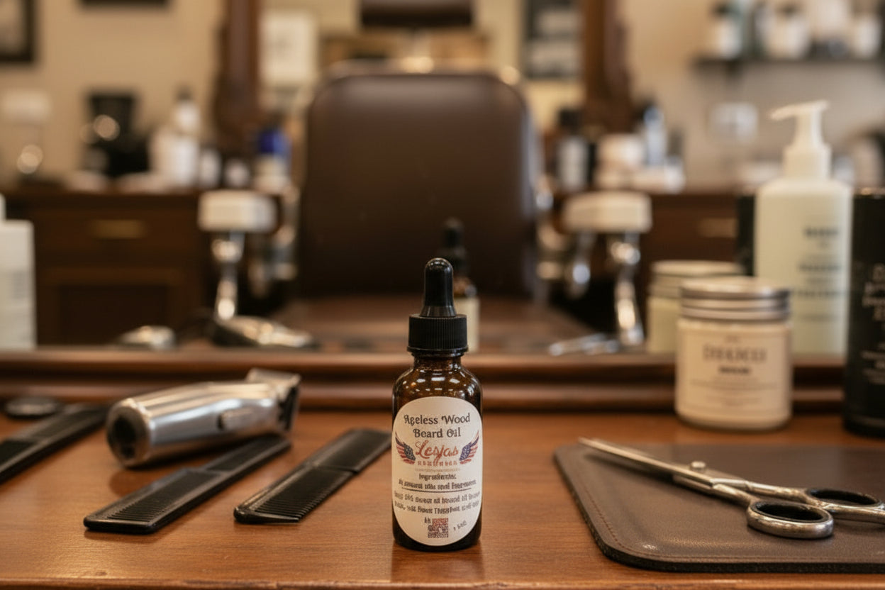 Bottle of Ageless Wood Beard Oil by Lorjas Handmade on a wooden surface.
