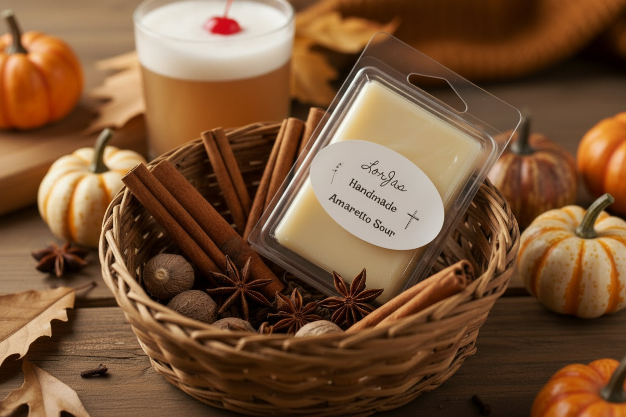 Handmade Amaretto Sour soy wax melt in a clear plastic clam shell with a white LorJas Handmade label in a woven basket on a wooden surface. The basket contains fall spices and has a cup of Amaretto Sour in the background.
