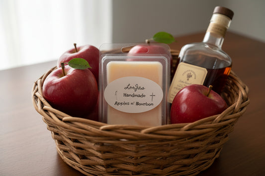 LorJas Handmade Apples n' Bourbon scented wax melt in a woven basket on a wood table with fresh apples and a glass bottle of bourbon.
