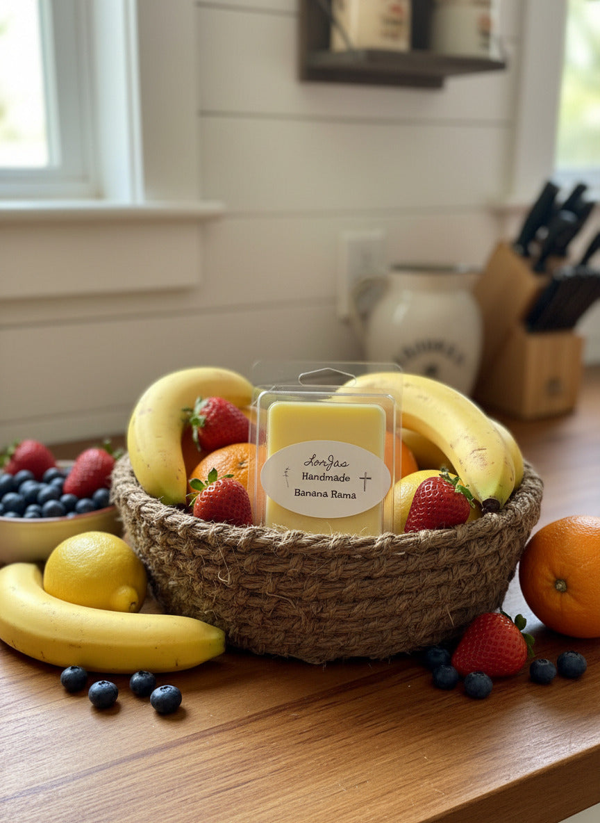 LorJas Handmade 'Banana Rama' scented wax melt in basket of fresh tropical fruits on counter