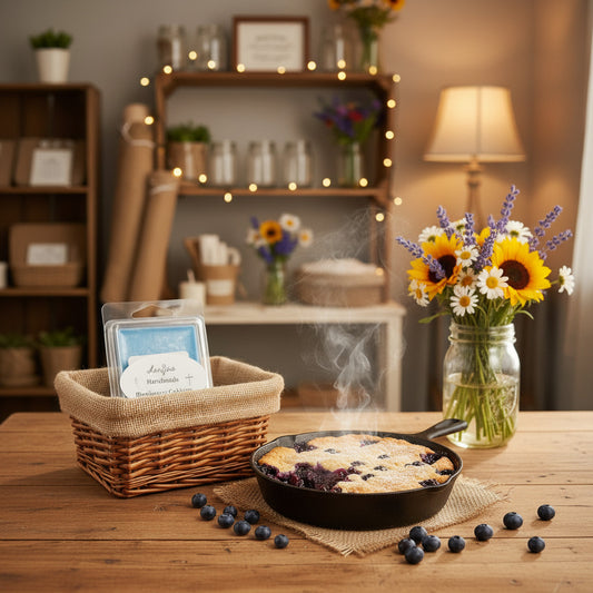 Blue LorJas Handmade Blueberry Cobbler scented wax melt in a clear branded packaging beside fresh made blueberry cobbler in a storefront.