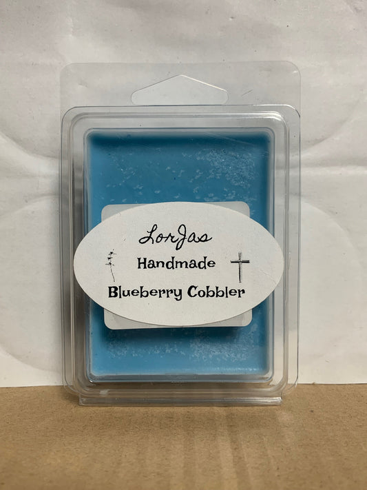LorJas Handmade 'Blueberry Cobbler' scented organic soy wax melt in  packaging with a label on a white and brown background