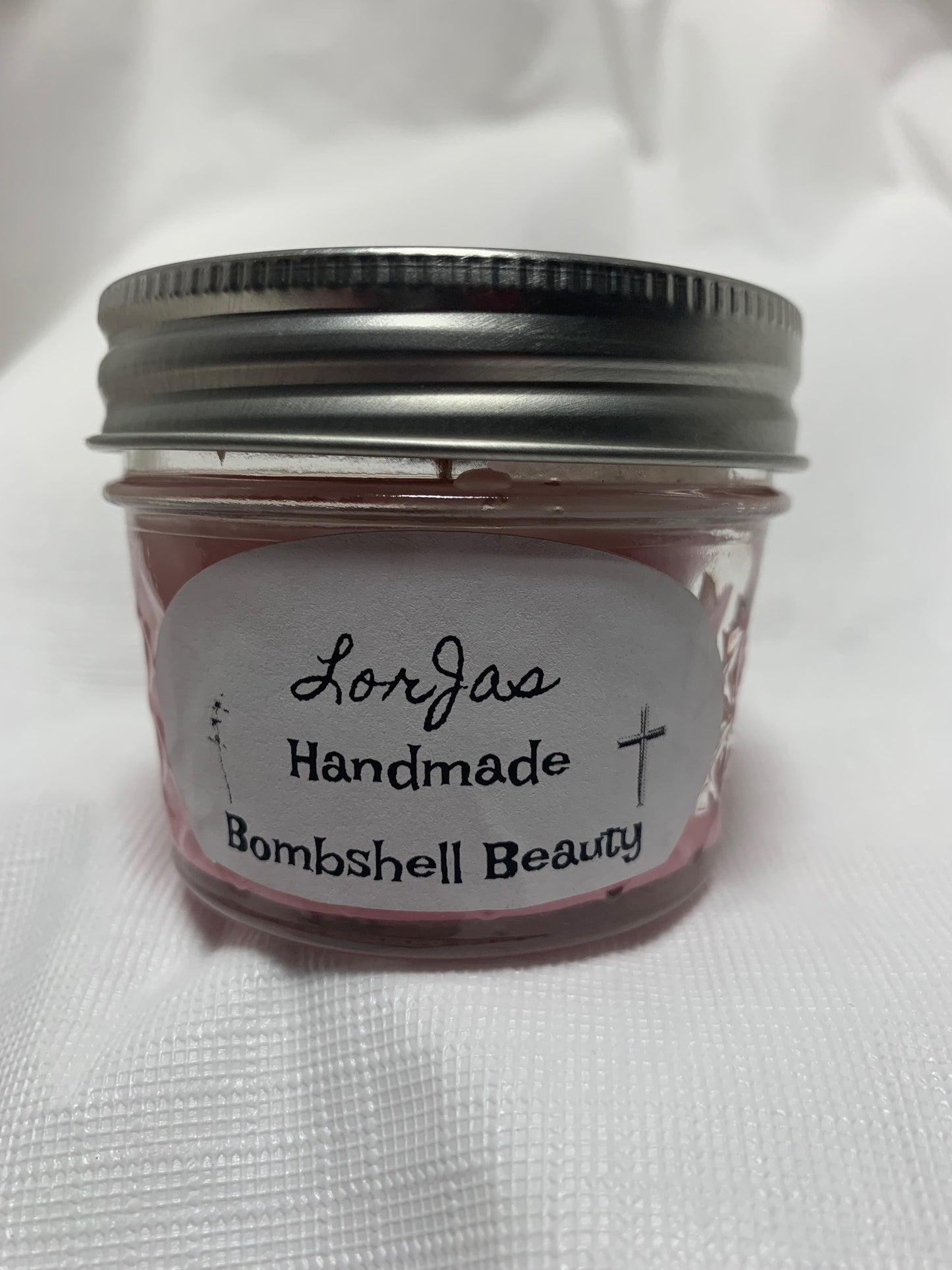 LorJas Handmade 'Bombshell Beauty' scented organic soy wax candle on white background