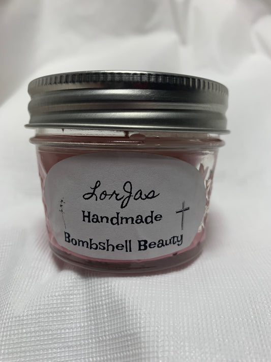 LorJas Handmade 'Bombshell Beauty' scented organic soy wax candle on white background