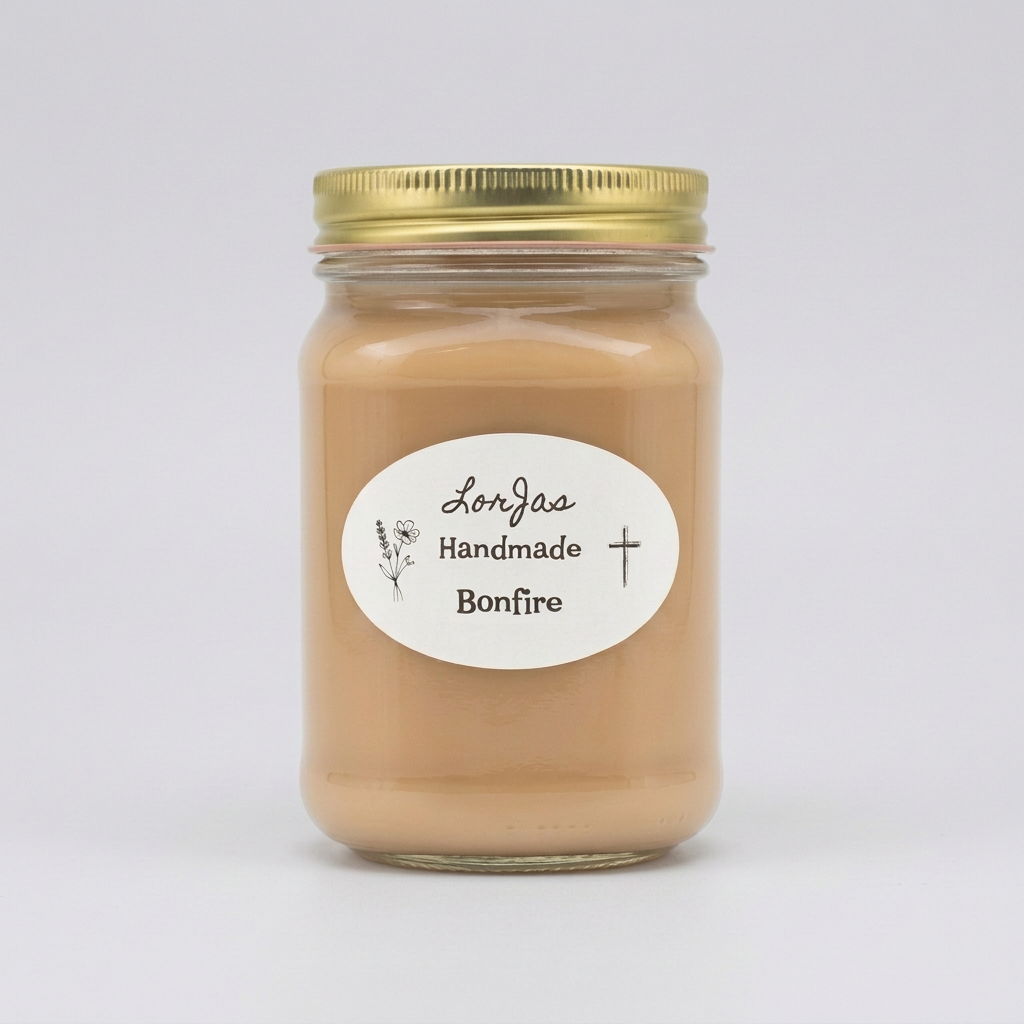 A glass jar candle filled with a light tan wax, sealed with a gold metal lid and featuring a white oval label that reads 'Lor'Jas Handmade Bonfire' with a light grey studio background.