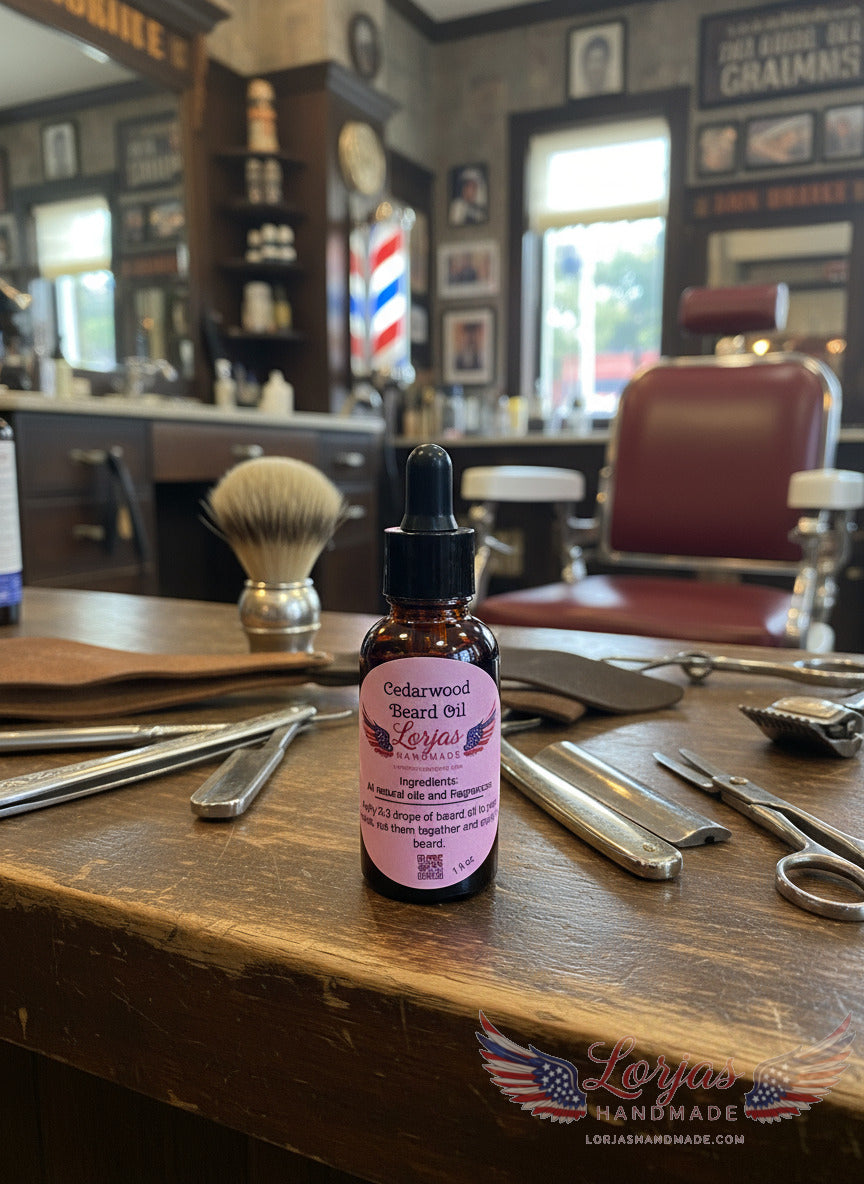 Dropper bottle of Cedarwood scented organic beard oil with a LorJas Handmade branded label in tonsorium