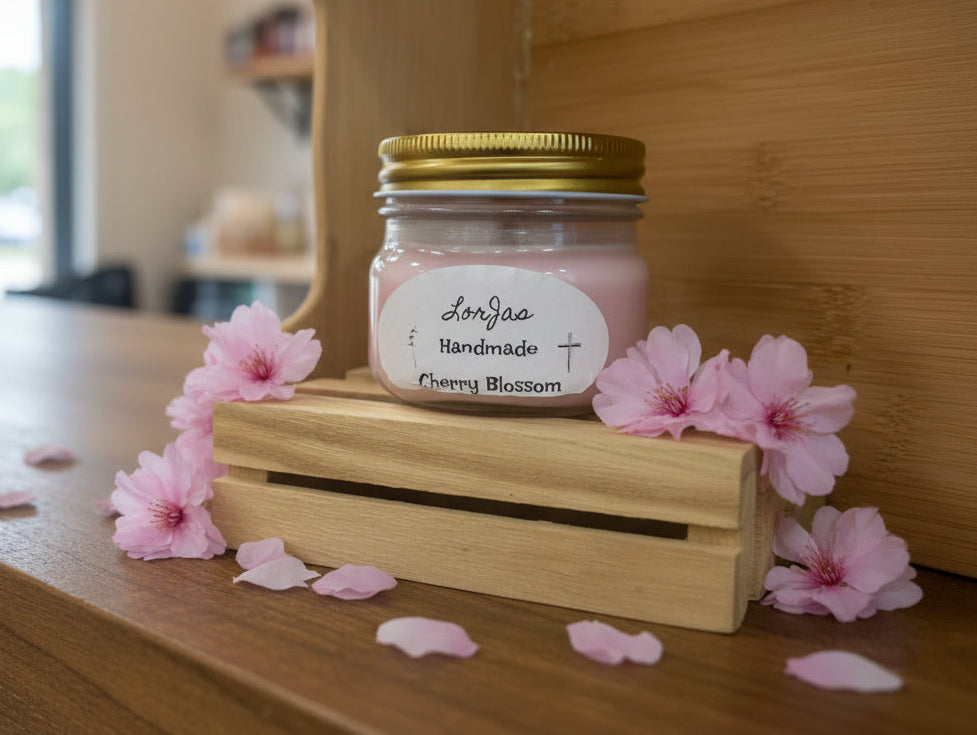 4 ounce  glass jar of Cherry Blossom scented soy wax candle by LorJas Handmade with a gold lid on a wood counter surrounded by cherry blossoms.