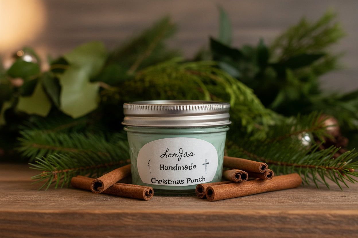 Jar of LorJas Handmade 'Christmas Punch' scented organic soy candle with a label on a white background