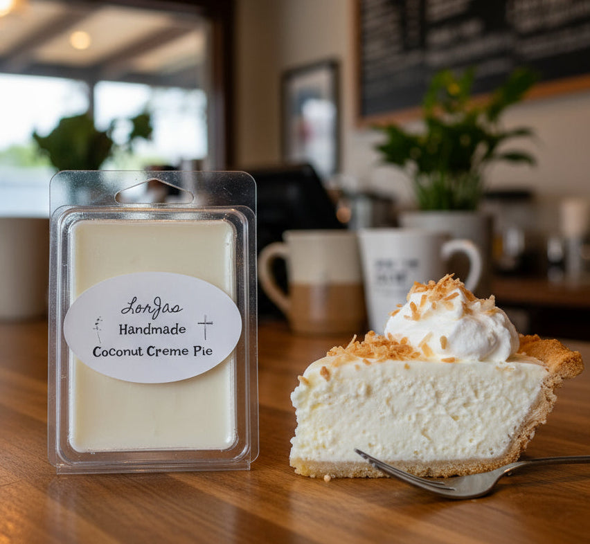 Packaged LorJas Handmade 'Coconut Creme Pie' scented organic soy wax melt next to a slice of cocunut creme pie on a table with a blurred cafe background