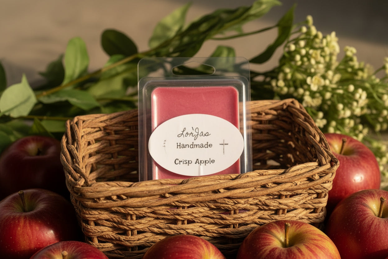 Red Crisp Apple scented wax melt in clear packaging with 'LorJas Handmade' label in a woven basket.