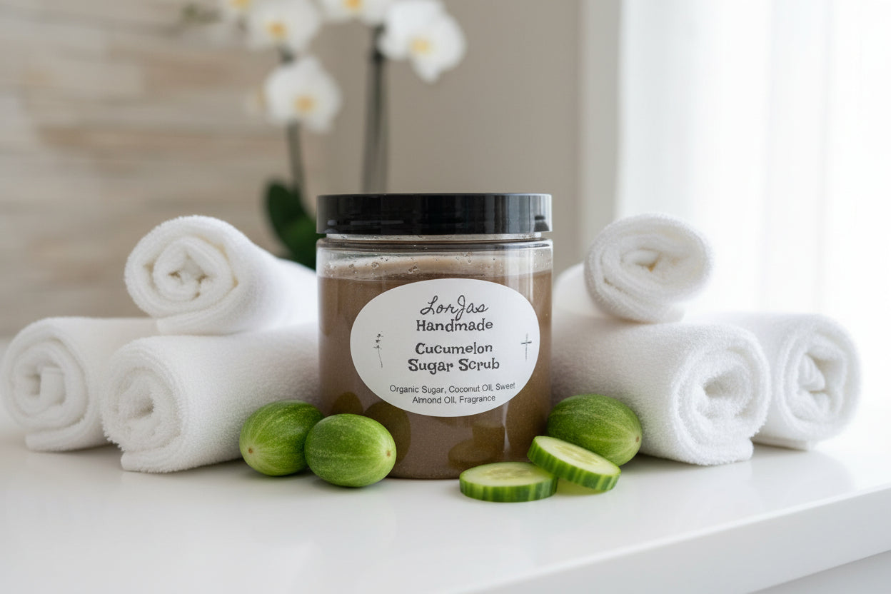 Plastic container with lid of LorJas Handmade 'Cucumelon' scented organic sugar scrub with a label on a blurred background