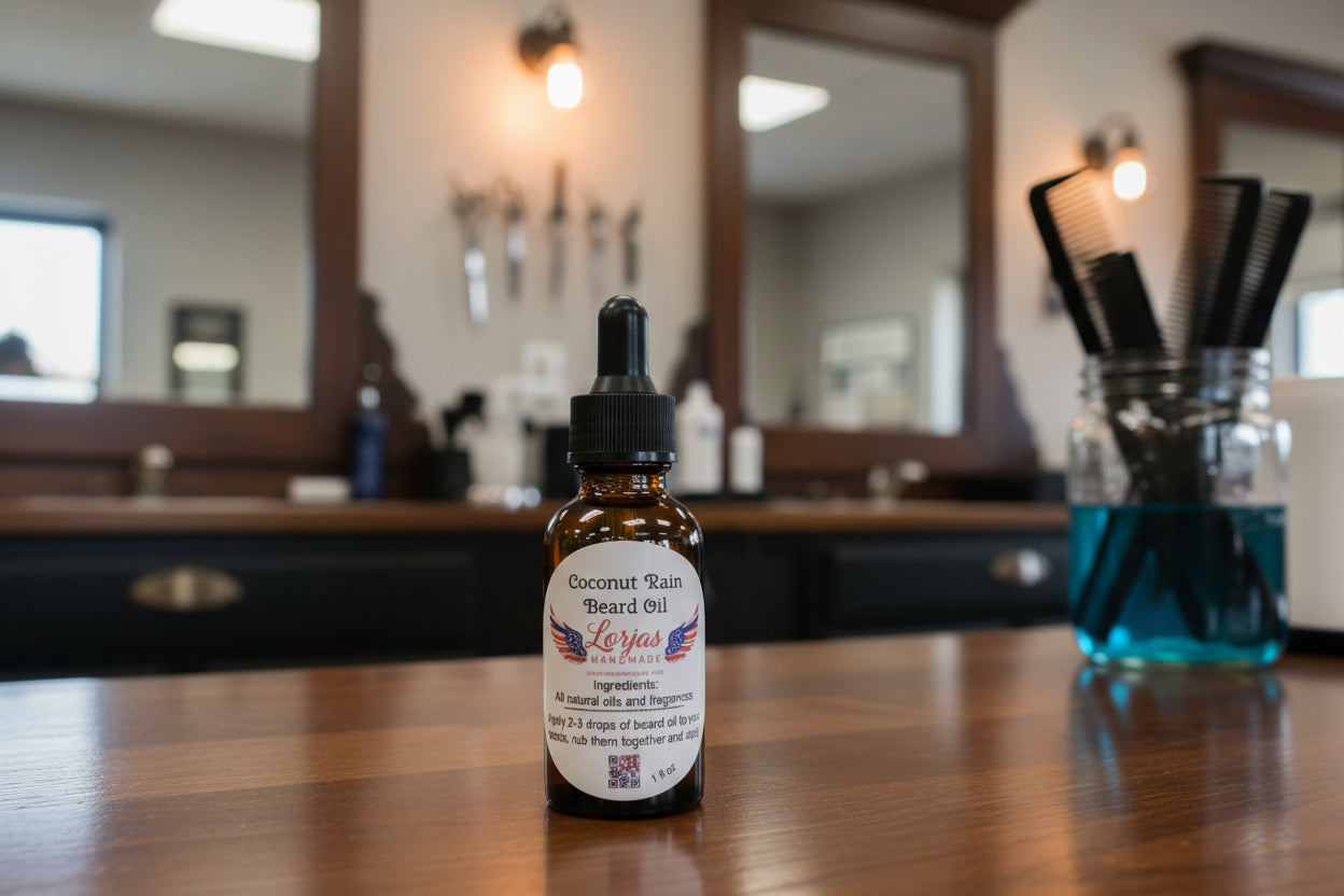 Coconut Rain Beard Oil bottle with dropper labeled 'Lorjas Handmade' on a neutral background