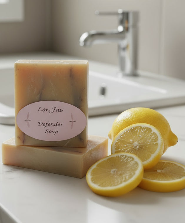 Bar of LorJas Handmade 'Defender' scented organic Castile soap with a label and lemon slices on a bathroom counter