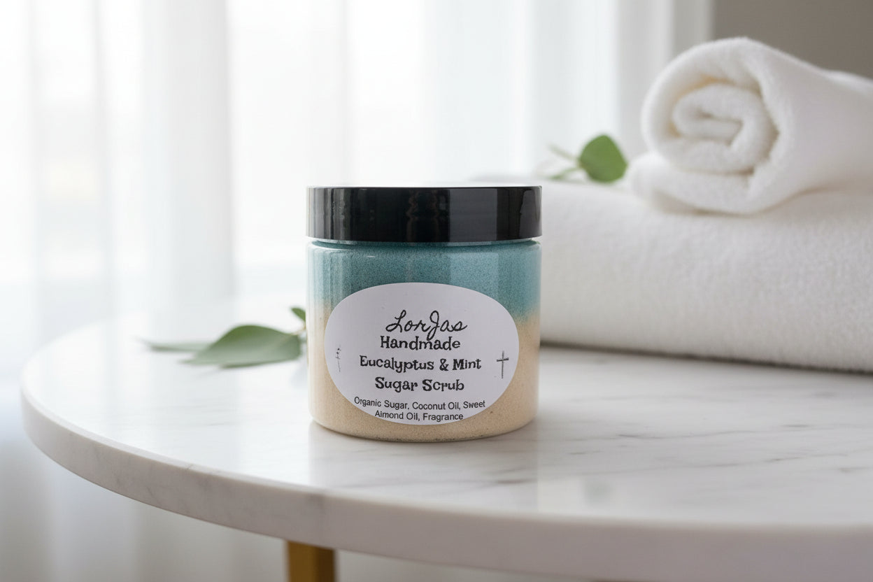 A plastic jar of Eucalyptus and Mint Sugar Scrub on a marble table in a spa with white towels in the background. 