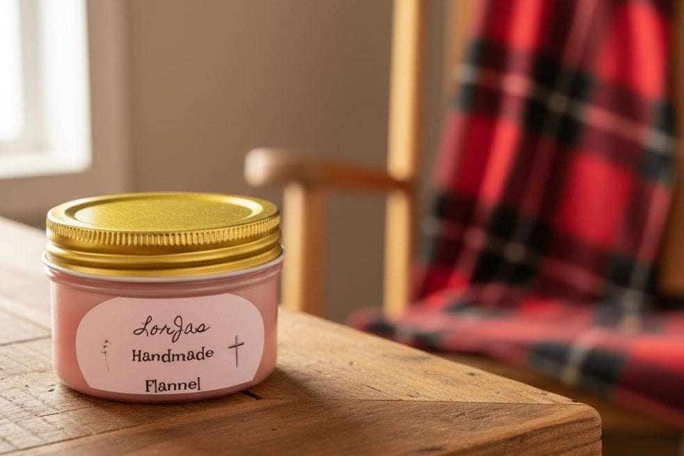 Pink jar with gold lid and 'LorJas Handmade Flannel' label on a wooden surface