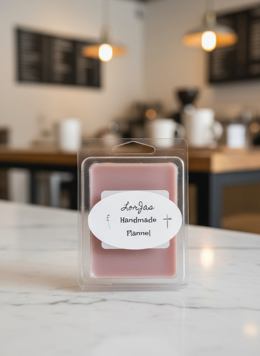 LorJas Handmade 'Flannel' scented organic soy wax melt in packaging with brand label on a kitchen counter.