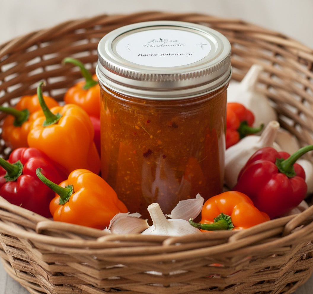 Jar of 'Lorjas Handmade Garlic Habanero' pepper jelly in basket of fresh peppers and garlic