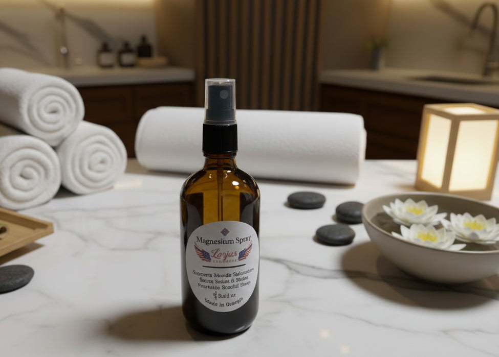 glass  spray bottle containing magnesium spray on a counter in a spa.