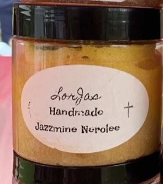 Jar of LorJas Handmade 'Jazzmine Nerolee' scented foamy whipped sugar scrub with a label on a colorful background