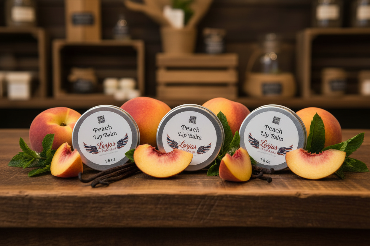 Three tins of LorJas Handmade brand peach lip balm on a wooden surface with peaches and mint leaves.