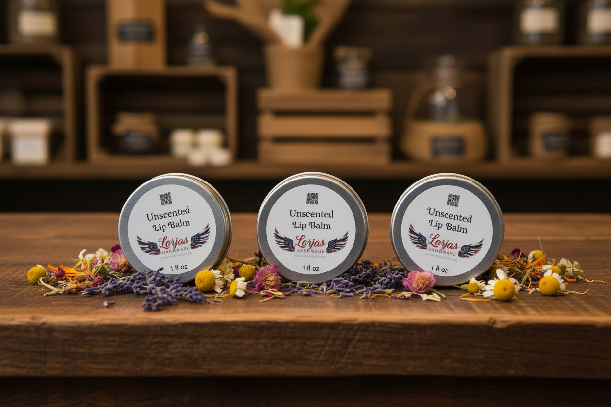 Three unscented lip balm containers labeled 'Lorjas Handmade' on a wooden surface with flowers.
