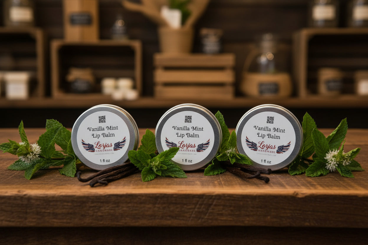 vanilla mint lip balm in a metal tin with screw top lid sitting on a wood counter in a store.