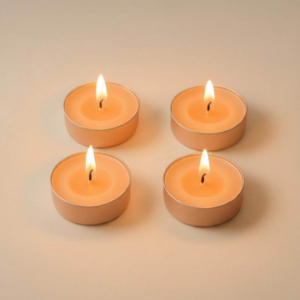 Four lit peach LorJas Handmade lightly scented soy tealights on a beige background featuring brand logo.