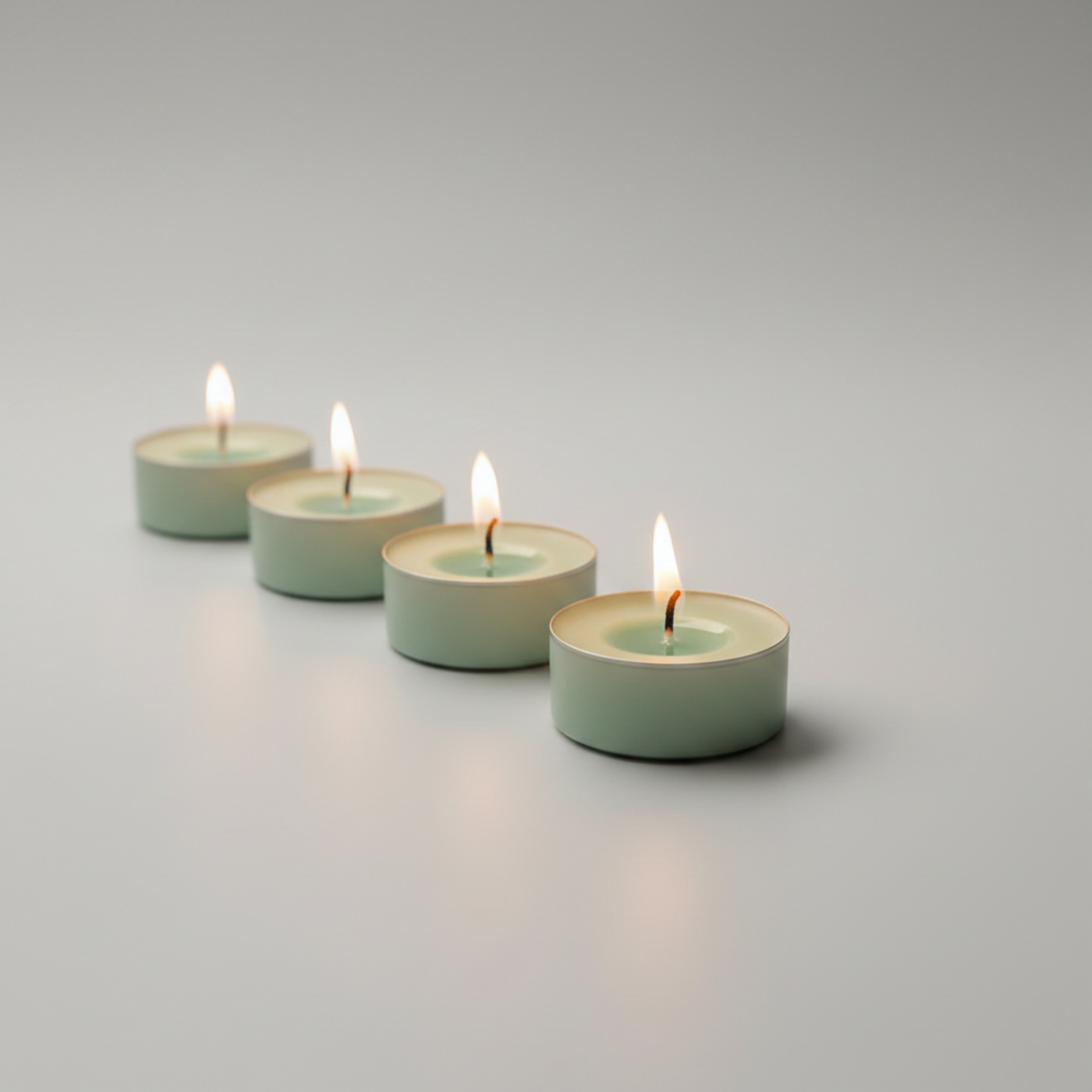 Four small tealight candles in pale mint green holders, arranged in a diagonal line with their flames lit, on a smooth light gray surface.