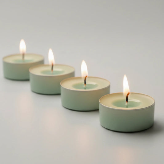 Four small tealight candles in pale mint green holders, arranged in a diagonal line with their flames lit, on a smooth light gray surface.