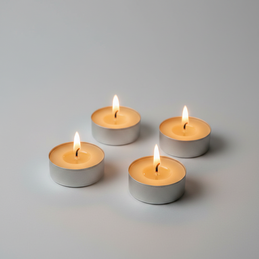 Four lit silver tea light candles arranged in a square on a clean light gray background.