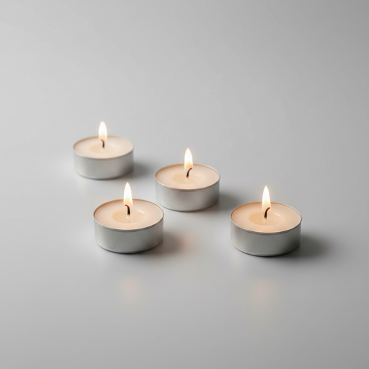 Four lit tealight candles in small silver metal cups arranged on a clean light gray surface against a soft gray background.