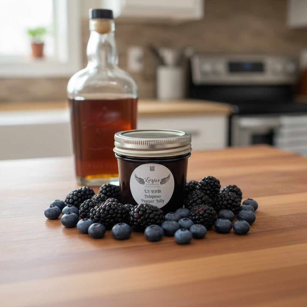 LorJas Handmade BBB (blackberry, blueberry, bourbon) Jalapeño pepper jelly on a wooden countertop with a blurred kitchen background. Yes, real bourbon was used in the preparation of this product but only the flavor is left behind.