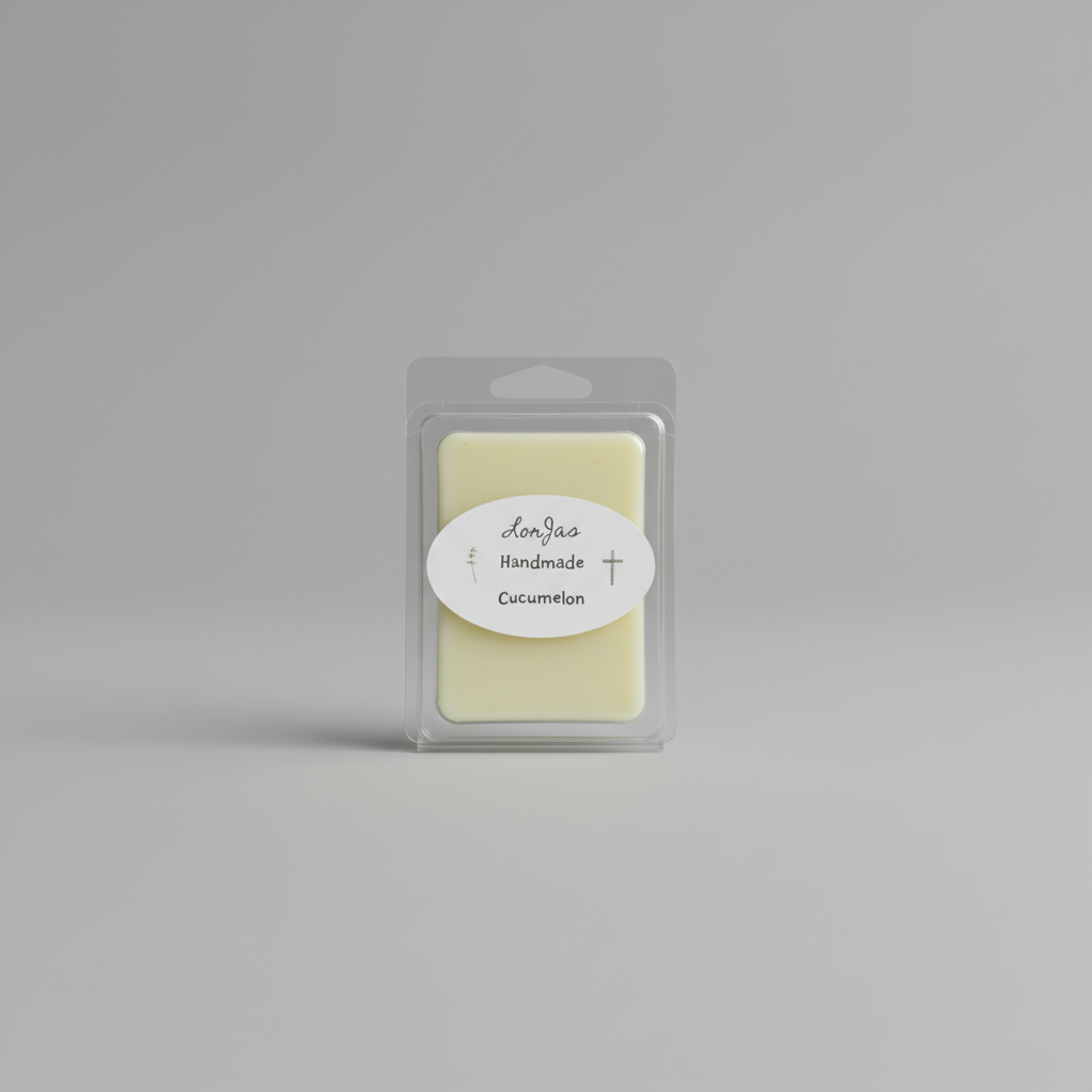 Lor’Jas Handmade 'Cucumelon' scented soy wax melt in brand packaging with studio backdrop.