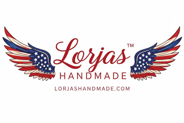 Logo for LorJas Handmade with American flag wings on a white background