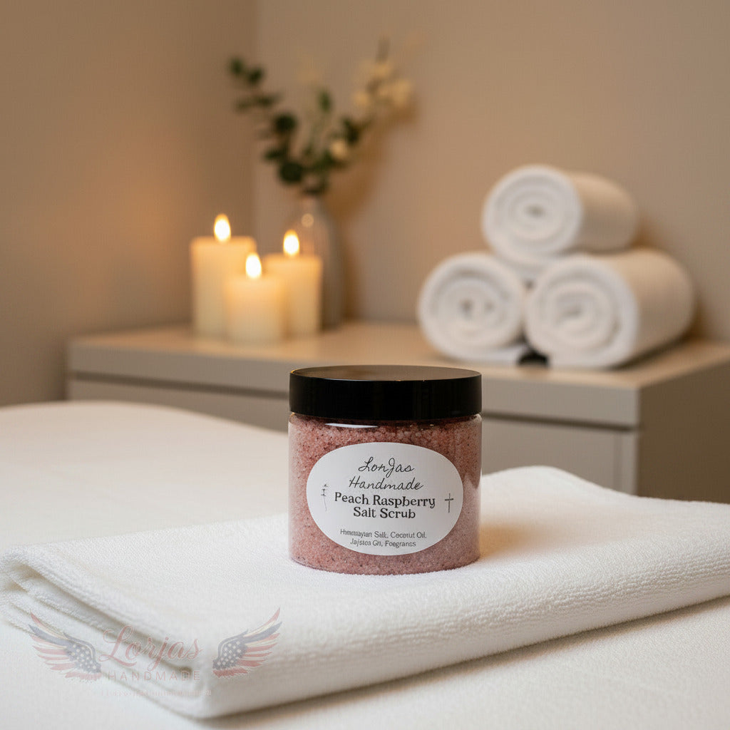 Lor’Jas Handmade Peach Raspberry salt scrub on white bath towel in spa setting.