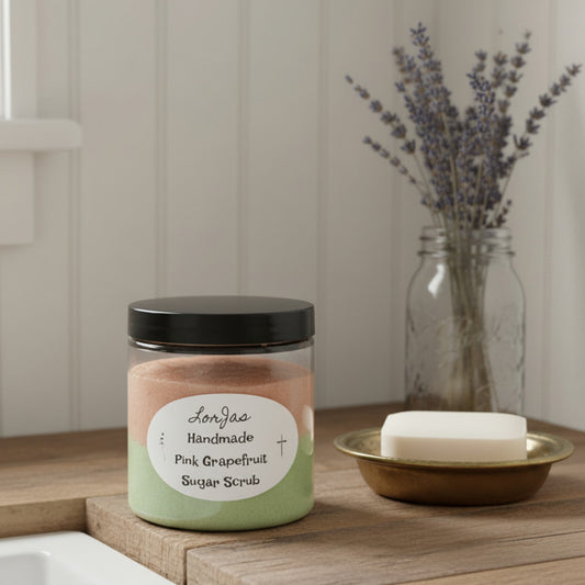 LorJas Handmade Pink Grapefruit lightly scented foamy whipped sugar scrub on a bathroom counter with bar soap and fresh lavender.
