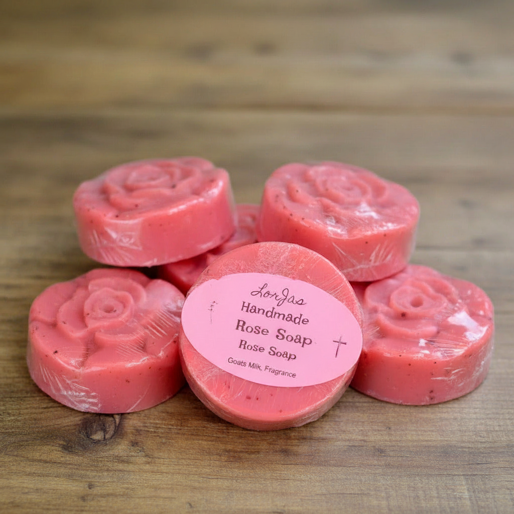 Five pink handmade soap bars with embossed rose details, wrapped in clear plastic and arranged on a wooden surface. One soap in the center has a pink paper label that reads 'LorJas Handmade Rose Soap'.