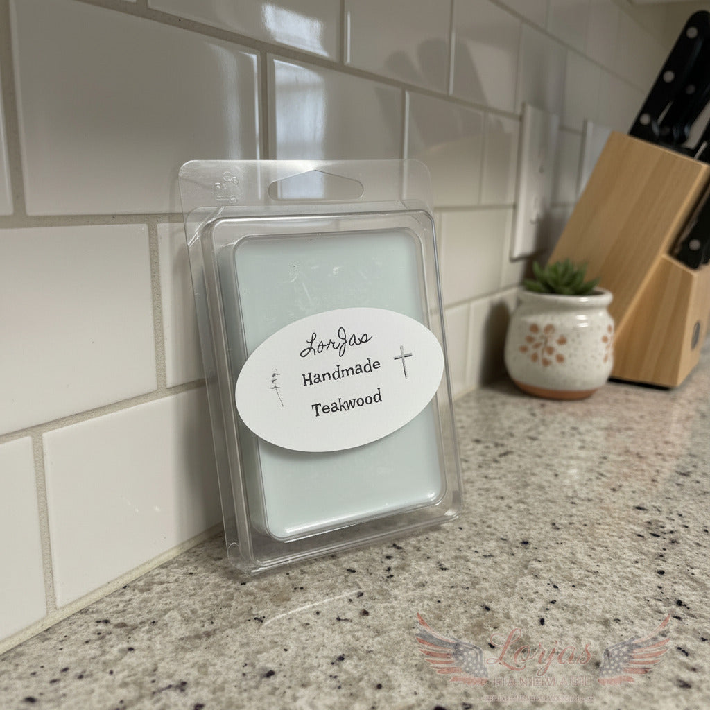 LorJas Handmade Teakwood melt on a kitchen counter.