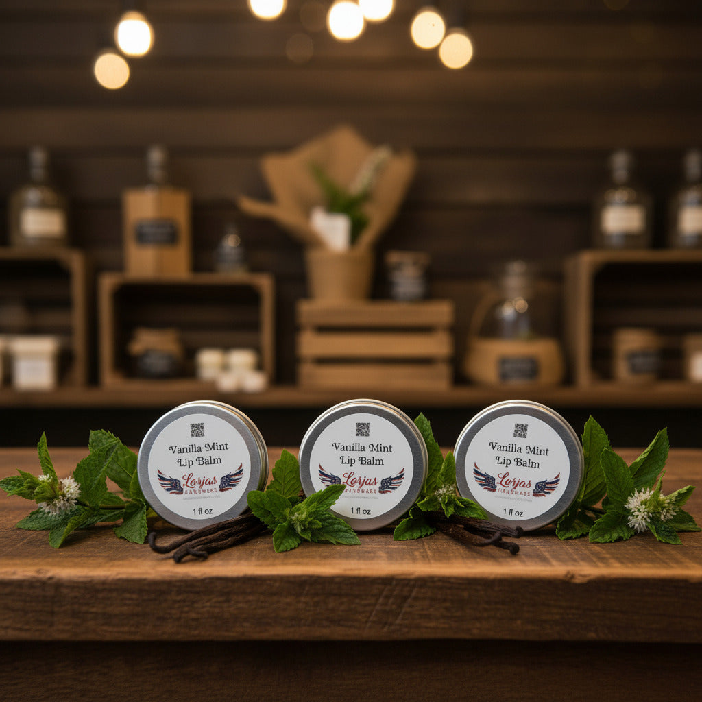 Three LorJas Handmade Vanilla Mint lip balms in metal tins with screw-on top lids sitting on a rustic wooden counter with fresh mint and vanilla beans in a country mercantile.