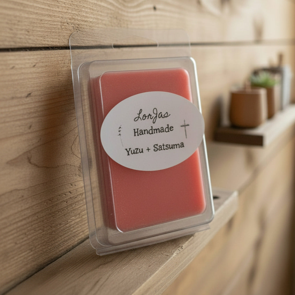 LorJas Handmade Yuzu + Satsuma lightly scented soy melt on a wooden wall shelf with a blurred background lit by natural daylight.