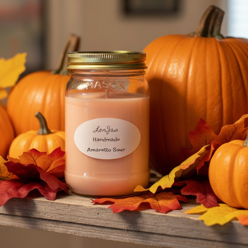 Lor’Jas Handmade Amaretto Sour lightly scented soy candle on a wooden shelf surrounded by pumpkins and fall leaves witha blurred background in natural light.