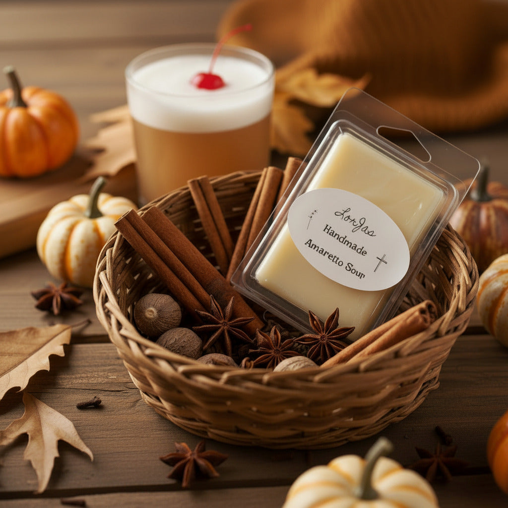 LorJas Handmade Amaretto Sour lightly scented soy wax melt in a woven basket of fall spices beside a cup of amaretto sour with fall decor in the backdrop.